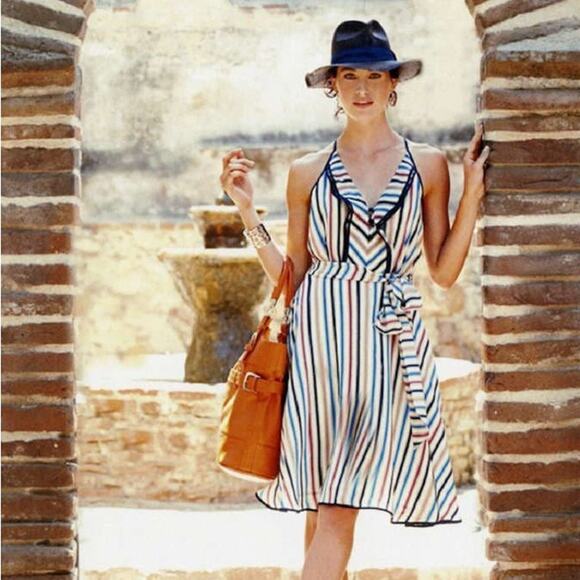 ANTHROPOLOGIE Girls From Savoy Gull Wing Dress Striped Silk 0 XS V-Neck Flare - Picture 1 of 15